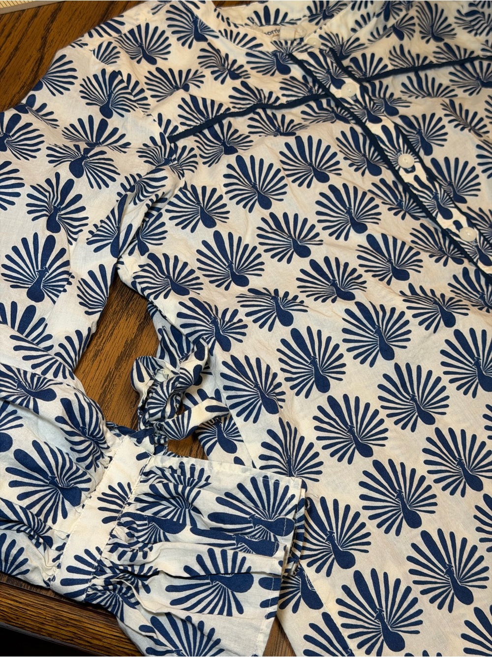 Blue and White Printed Long-Sleeve Split-Neck Blouse - Picture 12 of 12